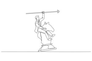 hombre de negocios montando una metáfora de caballo de ajedrez para la estrategia y la lucha empresarial. estilo de arte de línea continua vector