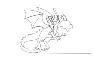 Cartoon of businesswoman riding a dragon concept of overcoming adversity and courage. Single continuous line art vector