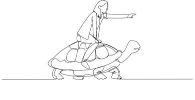 Drawing of businesswoman riding turtle that walk slowly concept of business development. Single line art style vector