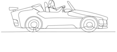 Illustration of businesswoman riding car concept of manager ready to drive business into victory. One line art style vector