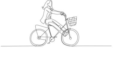 Illustration of businesswoman riding high speed bicycle all gass no break. Continuous line art vector