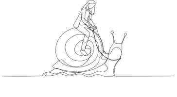 Cartoon of businesswoman riding snail concept of slow business development. Single continuous line art vector