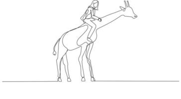 Illustration of businesswoman riding giraffe concept of business leader ready to reach higher level. One continuous line art style vector