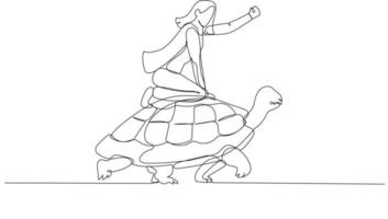 caricatura de una mujer de negocios montando rápido en un concepto de tortuga de desarrollo de alta velocidad en un paisaje lento. estilo de arte de línea continua única vector