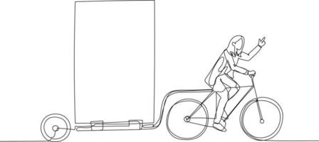 Drawing of businesswoman riding bicycle with billboard trailer concept of outdoor advertisement. One line style art vector