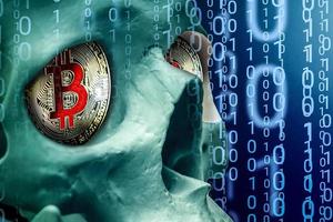 Bitcoin symbol on blue matrix background skull photo