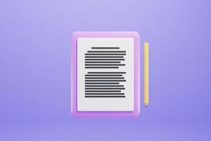 3d rendering paper note icon with yellow pencil on purple background photo