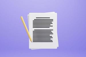 3d paper note icon with yellow pencil on purple background. 3d render illustration photo