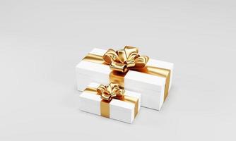 3d rendering white gift box with gold ribbon isolated on white background photo