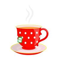 Hot tea. A cup with white peas on a red background with a saucer vector