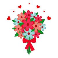 Vector illustration. Big bouquet of flowers with a bow. Hearts.