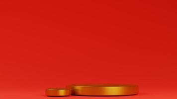 minimal red background with gold cylinder podium on 3d rendering photo