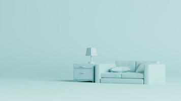 Sala monocromática de representación 3d con sofá y decoración de sala para presentación de página web o fondo de marco foto