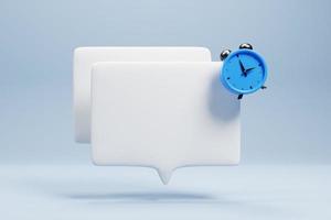 3d rendering white bubble chat with alarm clock icon on blue background. 3d render illustration photo