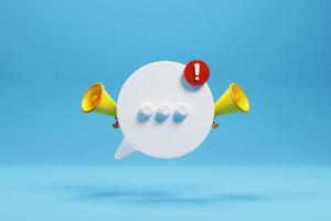Icono de burbuja de chat 3d con megáfono sobre fondo azul foto