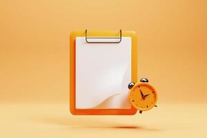 3d rendering orange clipboard with alarm clock icon. 3d render illustration photo