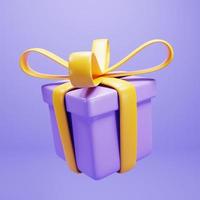 3d rendering gift box with yellow ribbon on purple background photo