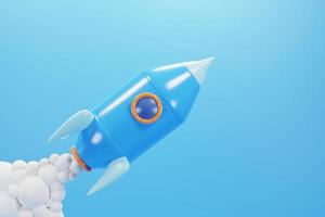 3d rocket launch icon isolated on blue background. 3d rendering spaceship concept photo