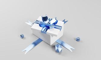 3d rendering illustration opened white gift box with blue ribbon isolated on white background photo