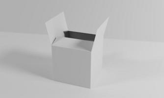3d illustration opened empty white box packaging on 3d rendering photo