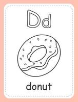 tarjeta de libro de colorear del alfabeto para niños con la letra d y un donut. tarjeta educativa para niños. la palabra donut, el alfabeto inglés. ilustración vectorial vector