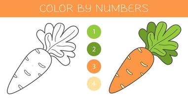 Color by numbers coloring book for kids with a carrot. Coloring page with cute cartoon carrot with an example for coloring. Monochrome and color versions. Vector illustration.