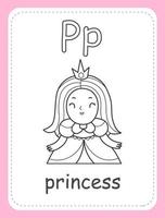 Alphabet coloring book card for children with the letter P and a princess. Educational card for kids. The word princess, the English alphabet. Vector illustration.