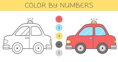 Color by numbers coloring book for kids with a car. Coloring page with cute cartoon car with an example for coloring. Monochrome and color versions. Vector illustration.