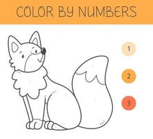 Color by numbers coloring book for kids with a fox. Coloring page with cute cartoon fox. Monochrome black and white. Vector illustration.