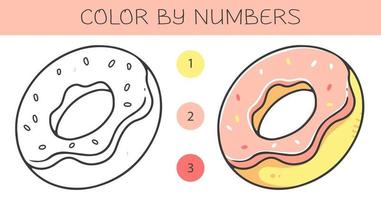 Color by numbers coloring book for kids with a donut. Coloring page with cute cartoon donut with an example for coloring. Monochrome and color versions. Vector illustration.