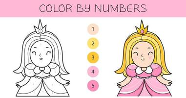 Color by numbers coloring book for kids with a princess. Coloring page with cute cartoon princess with an example for coloring. Monochrome and color versions. Vector illustration.