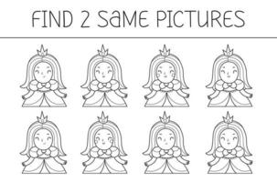 Find two some pictures is an educational game for kids with princess. Cute princess coloring book. Vector illustration.