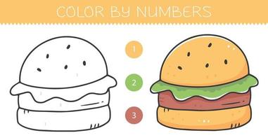 Color by numbers coloring book for kids with a burger. Coloring page with cute cartoon hamburger with an example for coloring. Monochrome and color versions. Vector illustration.