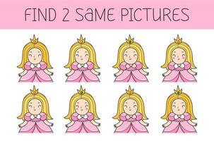 encuentra dos fotos es un juego educativo para niños con princesas. linda princesa de dibujos animados. ilustración vectorial vector