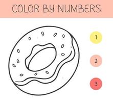 Color by numbers coloring book for kids with a donut. Coloring page with cute cartoon donut. Monochrome black and white. Vector illustration.