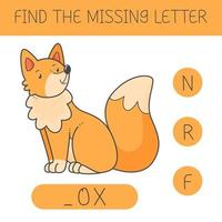 Find the missing letter is an educational game for kids with a fox. Cute cartoon fox character. Practicing English alphabet. Vector illustration.