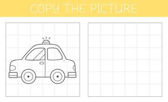 Copy the picture is an educational game for kids with a car. Cute cartoon car coloring book. Vector illustration.