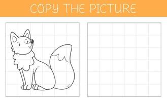 Copy the picture is an educational game for kids with a fox. Cute cartoon character fox coloring book. Vector illustration.