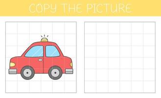 Copy the picture is an educational game for kids with a car. Cute cartoon car. Vector illustration.