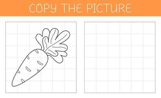 Copy the picture is an educational game for kids with a carrot. Cute cartoon carrot coloring book. Vector illustration.