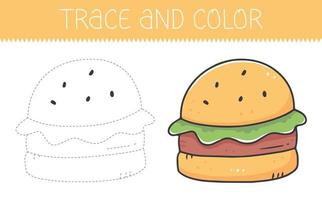 Trace and colour coloring book with burger for kids. Coloring page with a cute cartoon hamburger. Vector illustration.