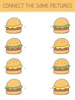 Connect the same pictures game with a cute cartoon burger. Children's game with a hamburger. Vector illustration.