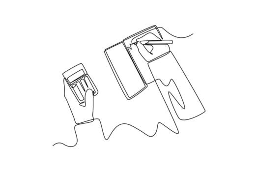 Continuous one line drawing hand using calculator and writing make note with calculate about cost. Budget planner concept. Single line draw design vector graphic illustration.