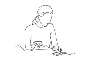 Continuous one line drawing happy woman calculating utilities expense with calculator and analyzing her spendings. Budget planner concept. Single line draw design vector graphic illustration.