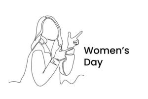 Single one line drawing happy woman pointing to International women's day. Women's day  concept. Continuous line draw design graphic vector illustration.