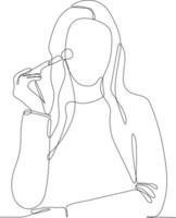 Single one line drawing beautiful young girl apply blush with cosmetic brush in her face. Cosmetology activity concept. Continuous line draw design graphic vector illustration.