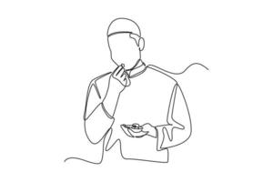 Continuous one line drawing happy muslim man breaking fast with dates in the month of Ramadan. Ramadan activity concept. Single line draw design vector graphic illustration.