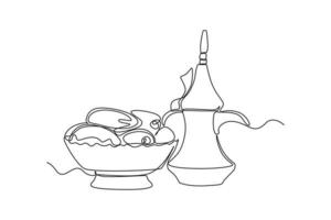 Continuous one line drawing tea pot and kurma. Ramadan activity concept. Single line draw design vector graphic illustration.