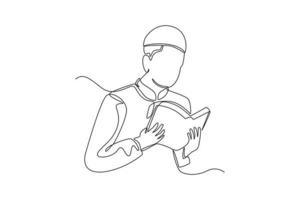 Continuous one line drawing happy boy read the Quran in the month of Ramadan. Ramadan activity concept. Single line draw design vector graphic illustration.