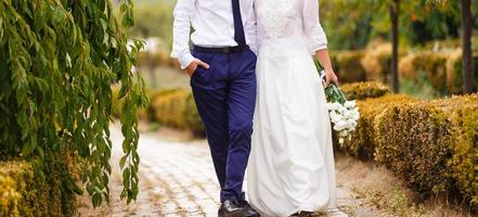 novio y novia recién casados caminando en el parque de otoño foto